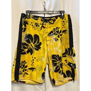 Mossimo Yellow Floral Hawaiian Print Mens Swim Trunks Size 32 With Side Pocket &